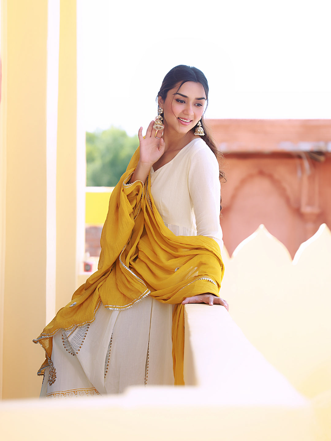 Beige And Mustard Block Print Anarkali Suit