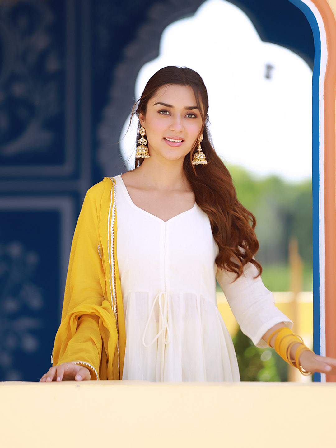 Beige And Mustard Block Print Anarkali Suit