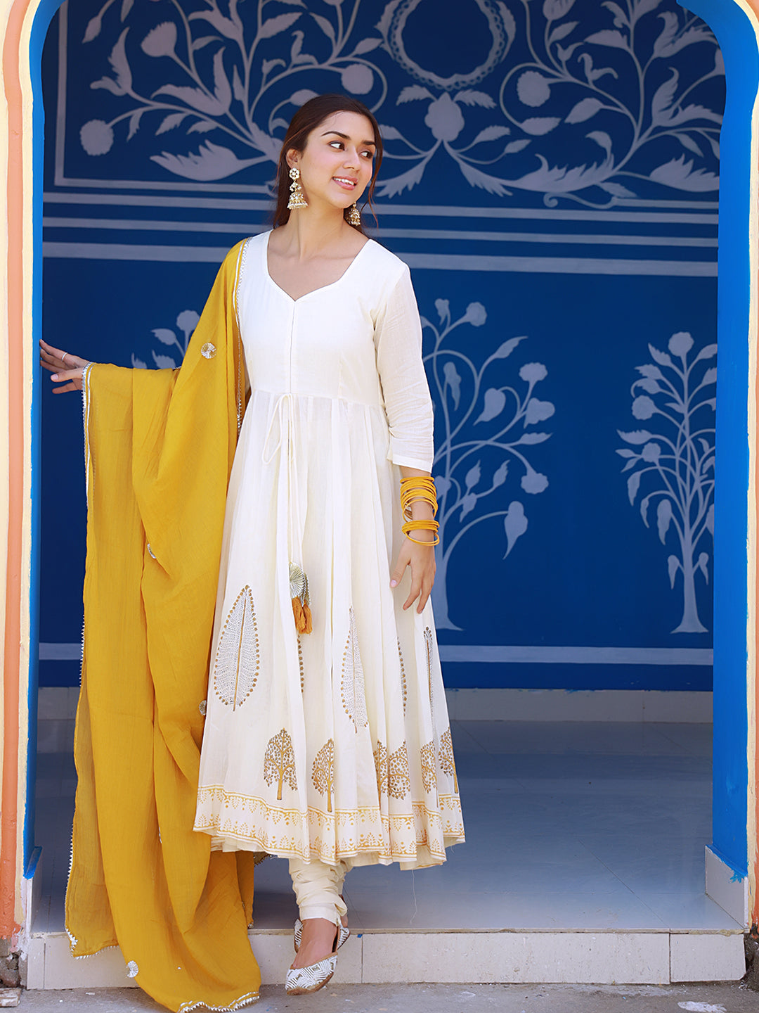 Beige And Mustard Block Print Anarkali Suit