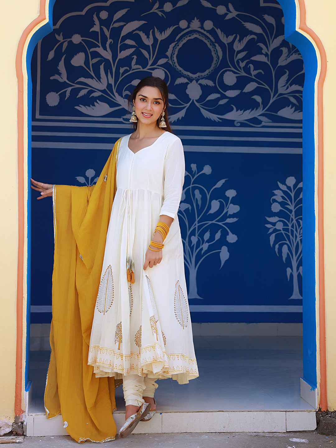 Beige And Mustard Block Print Anarkali Suit