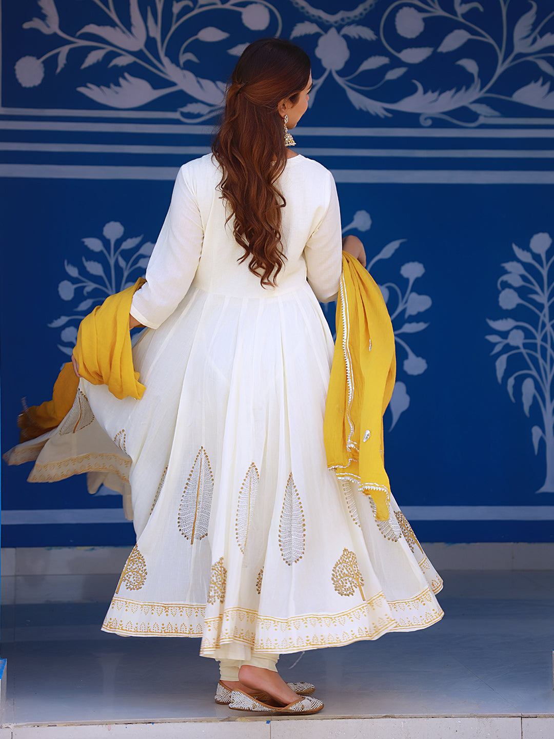 Beige And Mustard Block Print Anarkali Suit