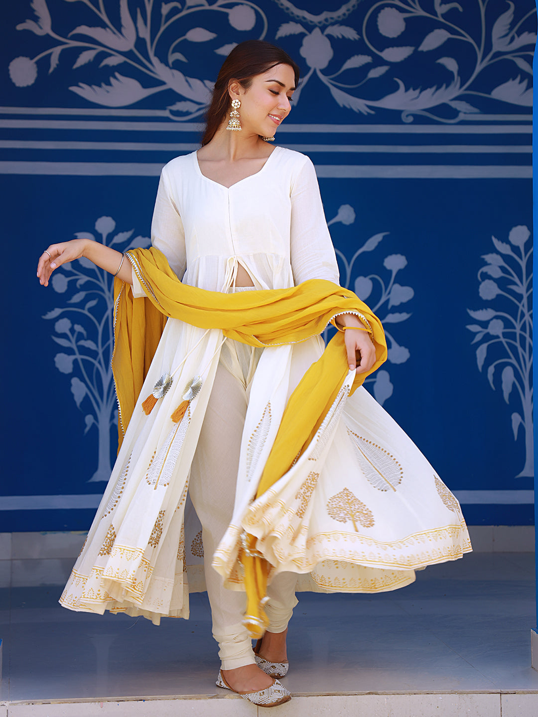 Beige And Mustard Block Print Anarkali Suit