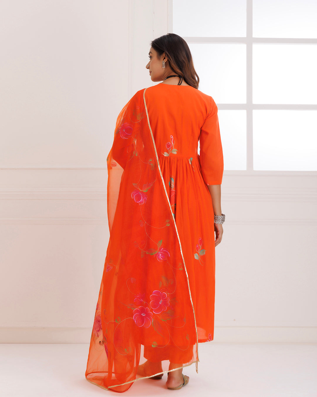 Rangreza Orange HandPainted Gathered Suit Set