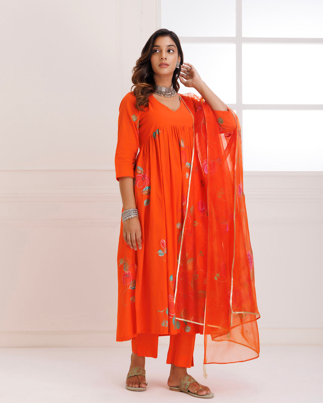 Rangreza Orange HandPainted Gathered Suit Set