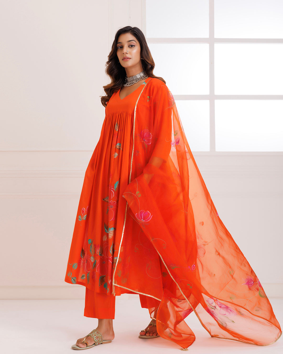 Rangreza Orange HandPainted Gathered Suit Set