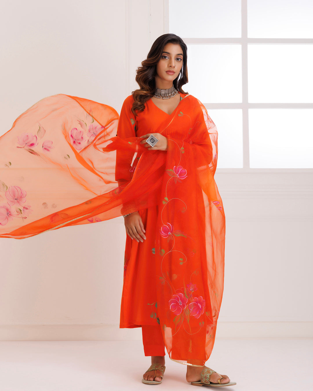 Rangreza Orange HandPainted Gathered Suit Set
