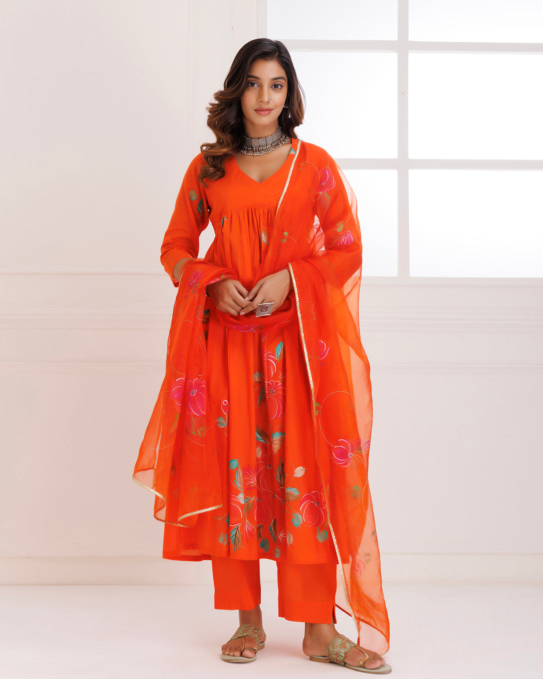 Rangreza Orange HandPainted Gathered Suit Set
