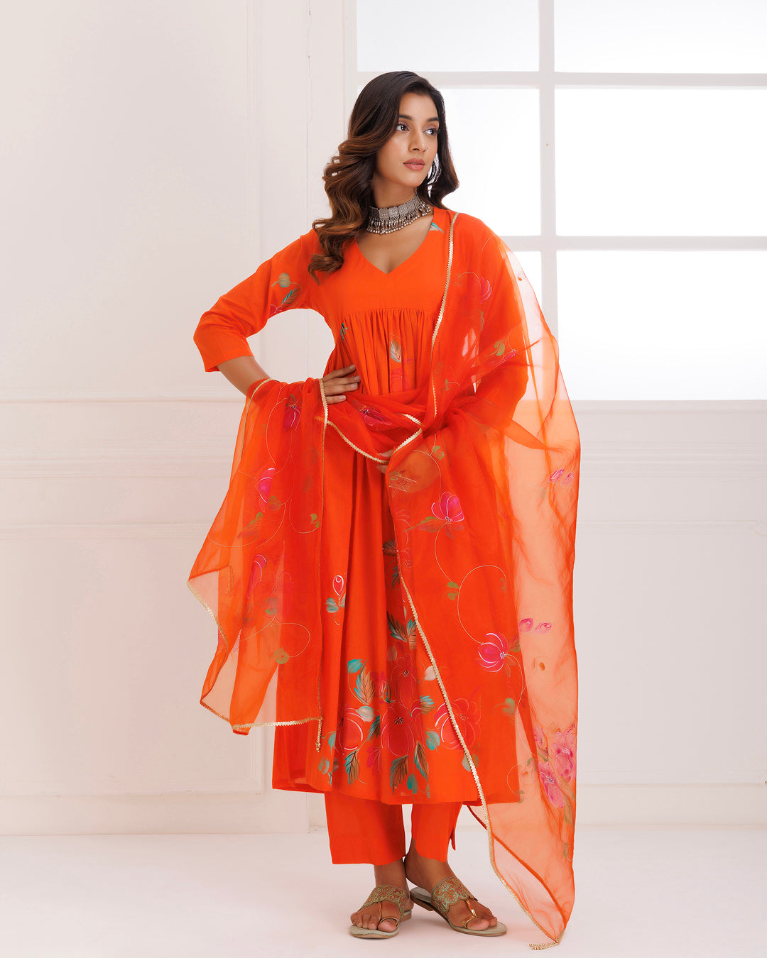 Rangreza Orange HandPainted Gathered Suit Set