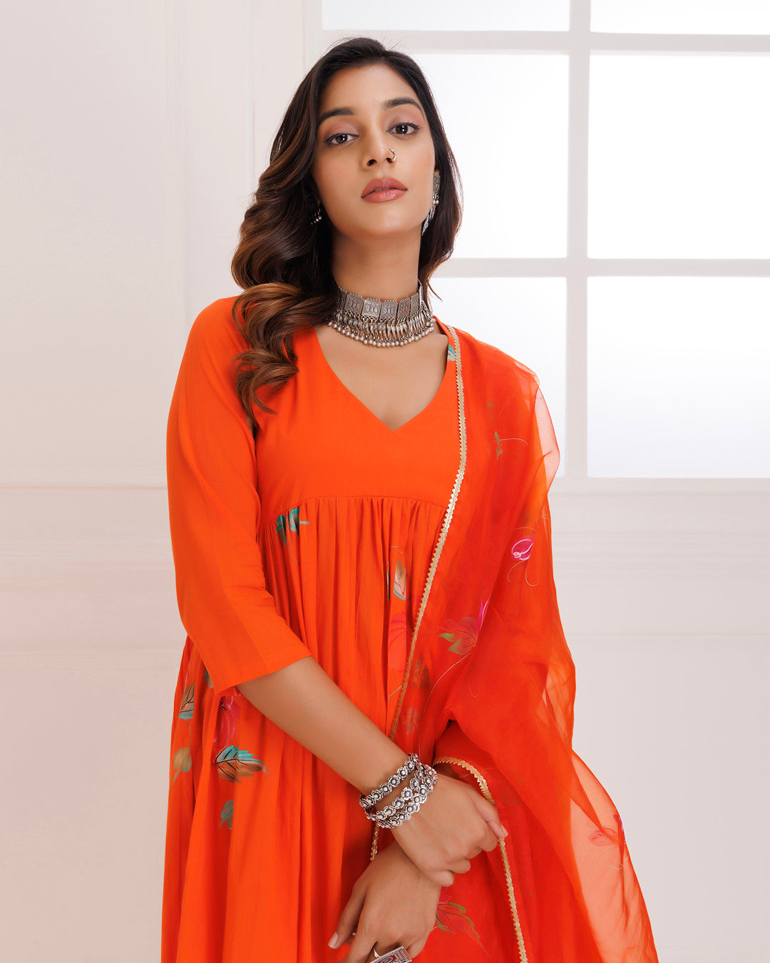 Rangreza Orange HandPainted Gathered Suit Set