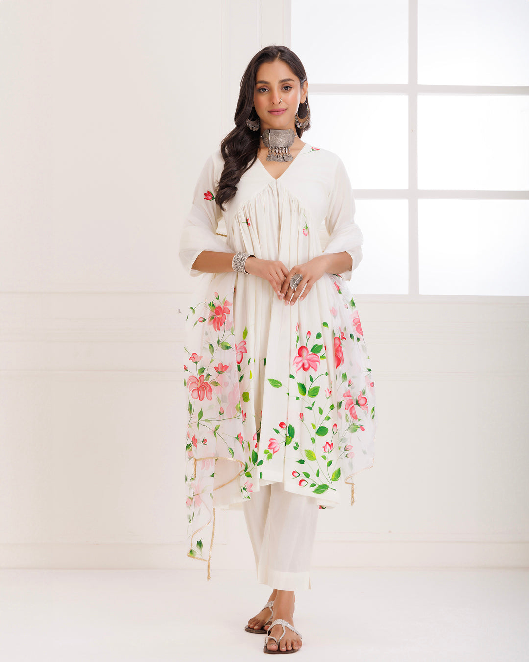 Rangreza Ivory HandPainted Gathered Suit Set