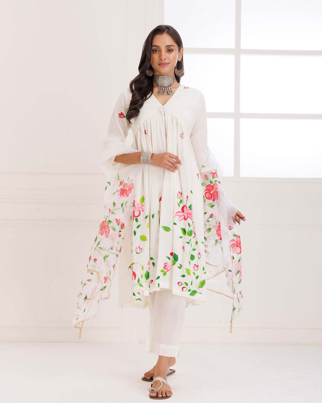 Rangreza Ivory HandPainted Gathered Suit Set