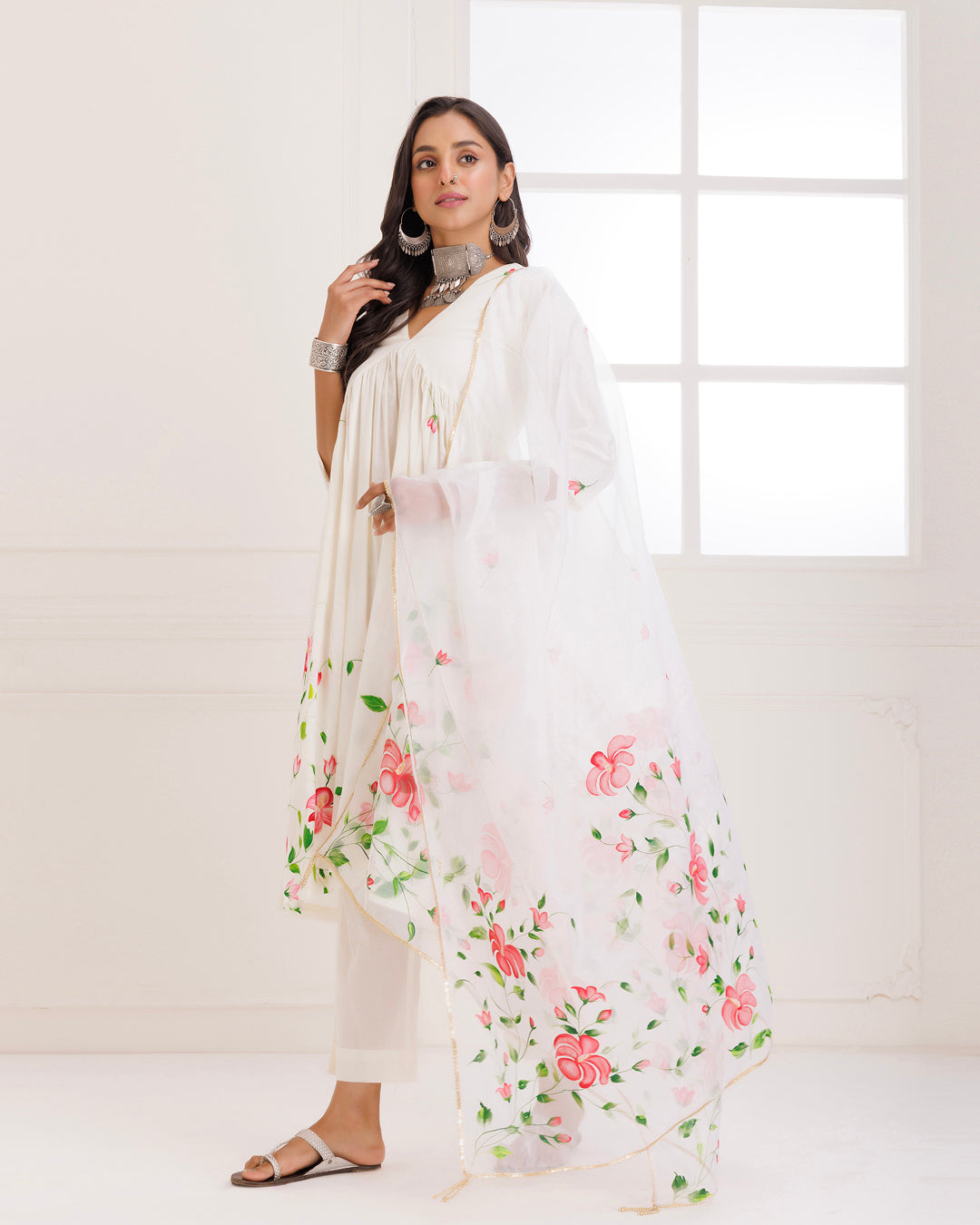 Rangreza Ivory HandPainted Gathered Suit Set