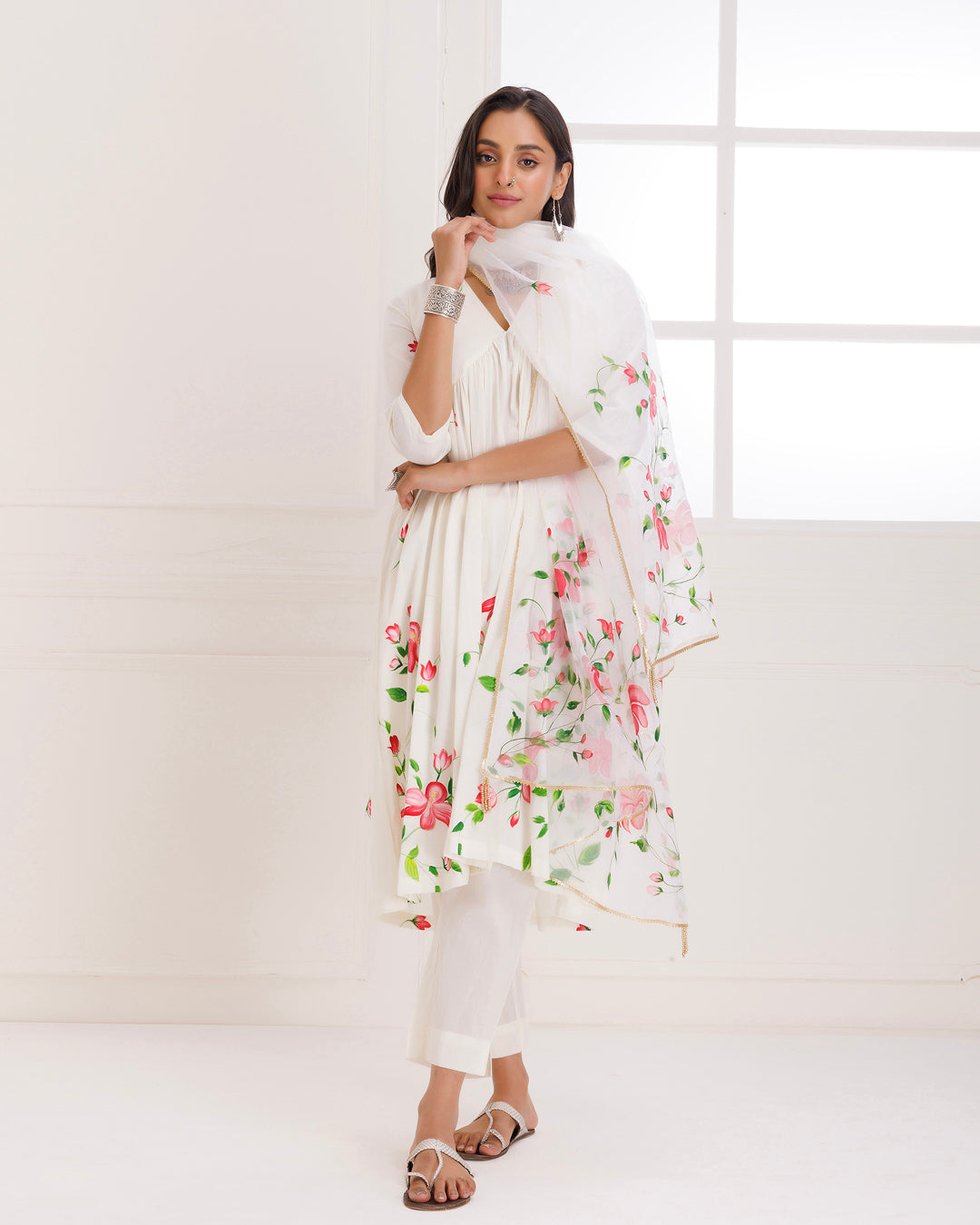 Rangreza Ivory HandPainted Gathered Suit Set