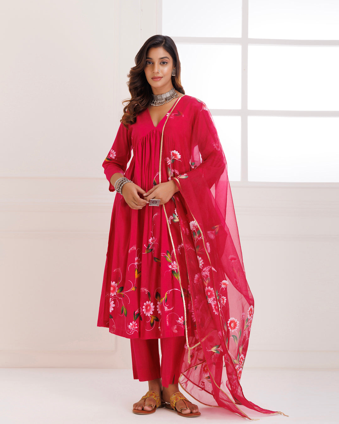 Rangreza Magenta HandPainted Gathered Suit Set