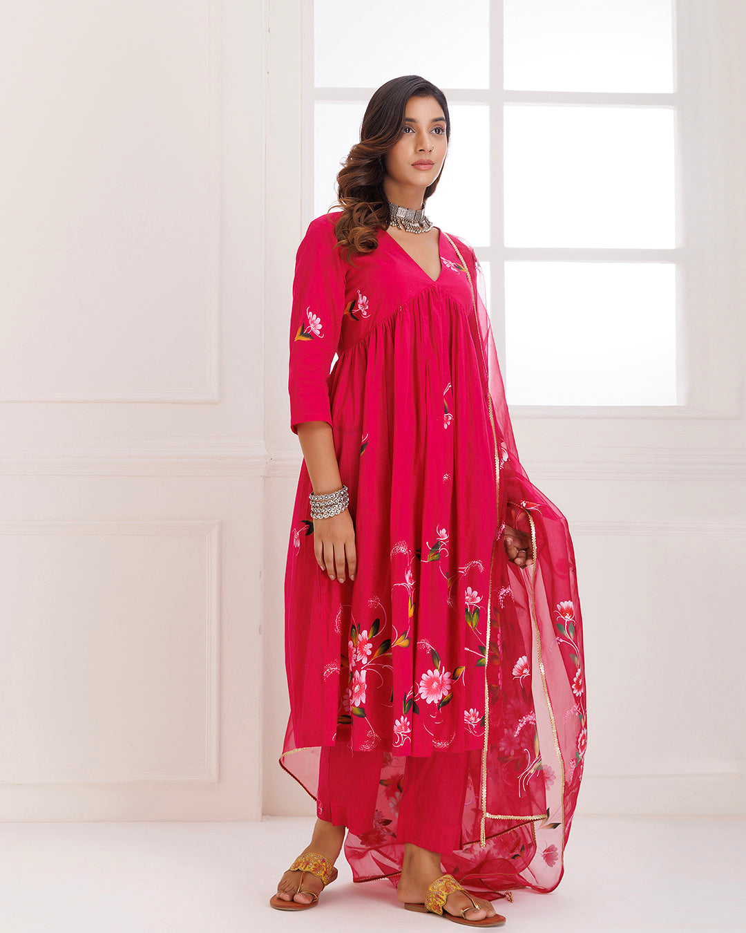 Rangreza Magenta HandPainted Gathered Suit Set