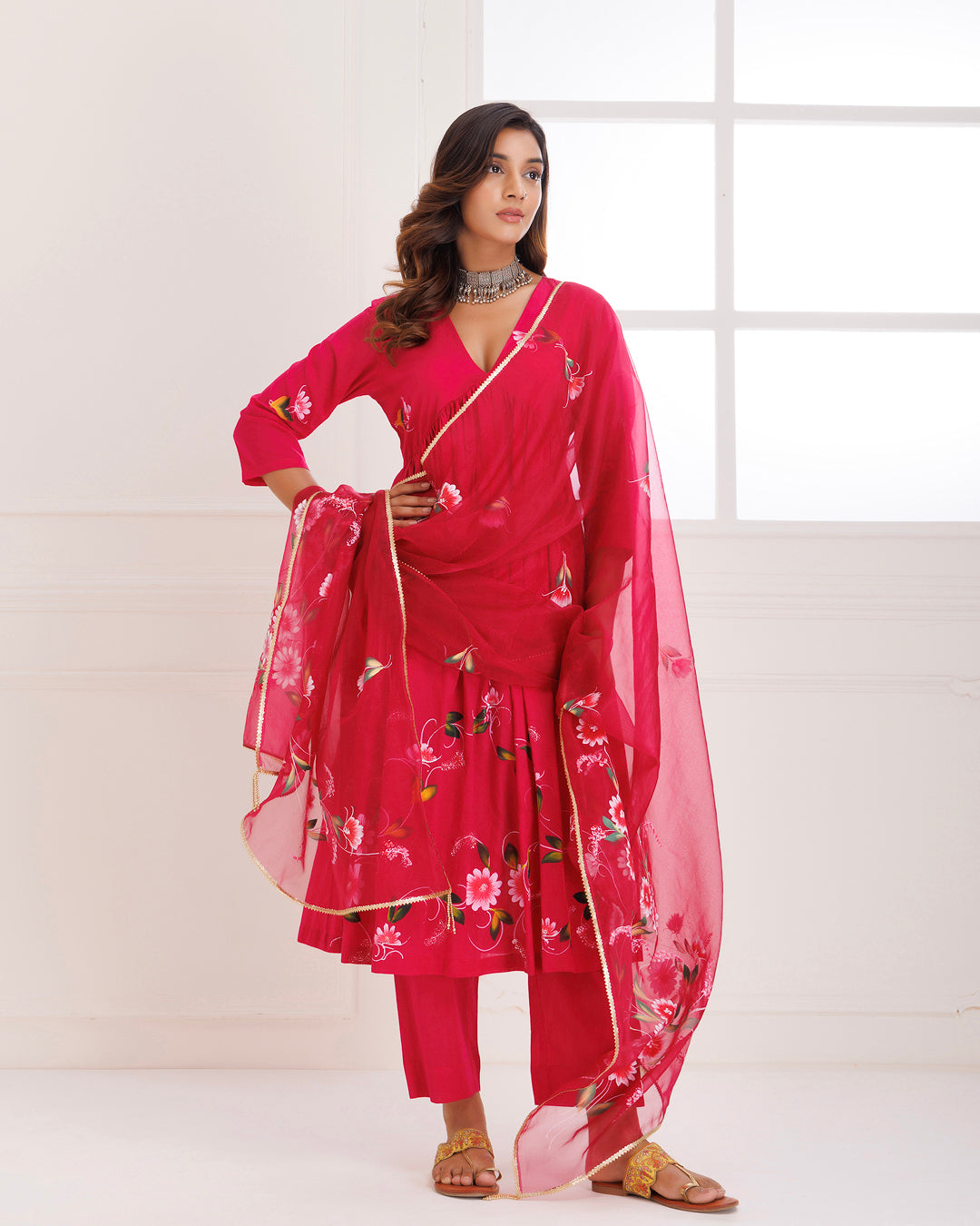 Rangreza Magenta HandPainted Gathered Suit Set