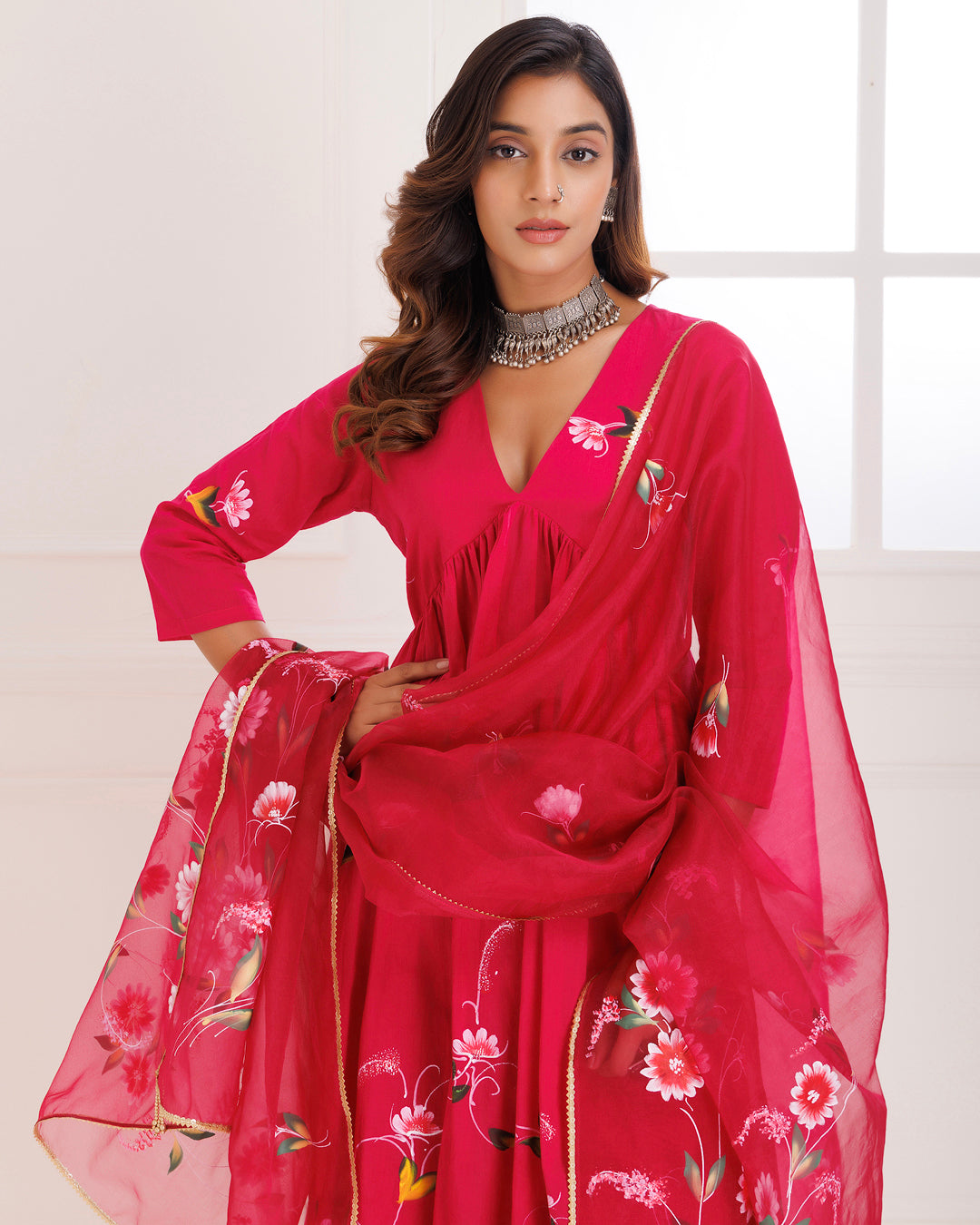 Rangreza Magenta HandPainted Gathered Suit Set