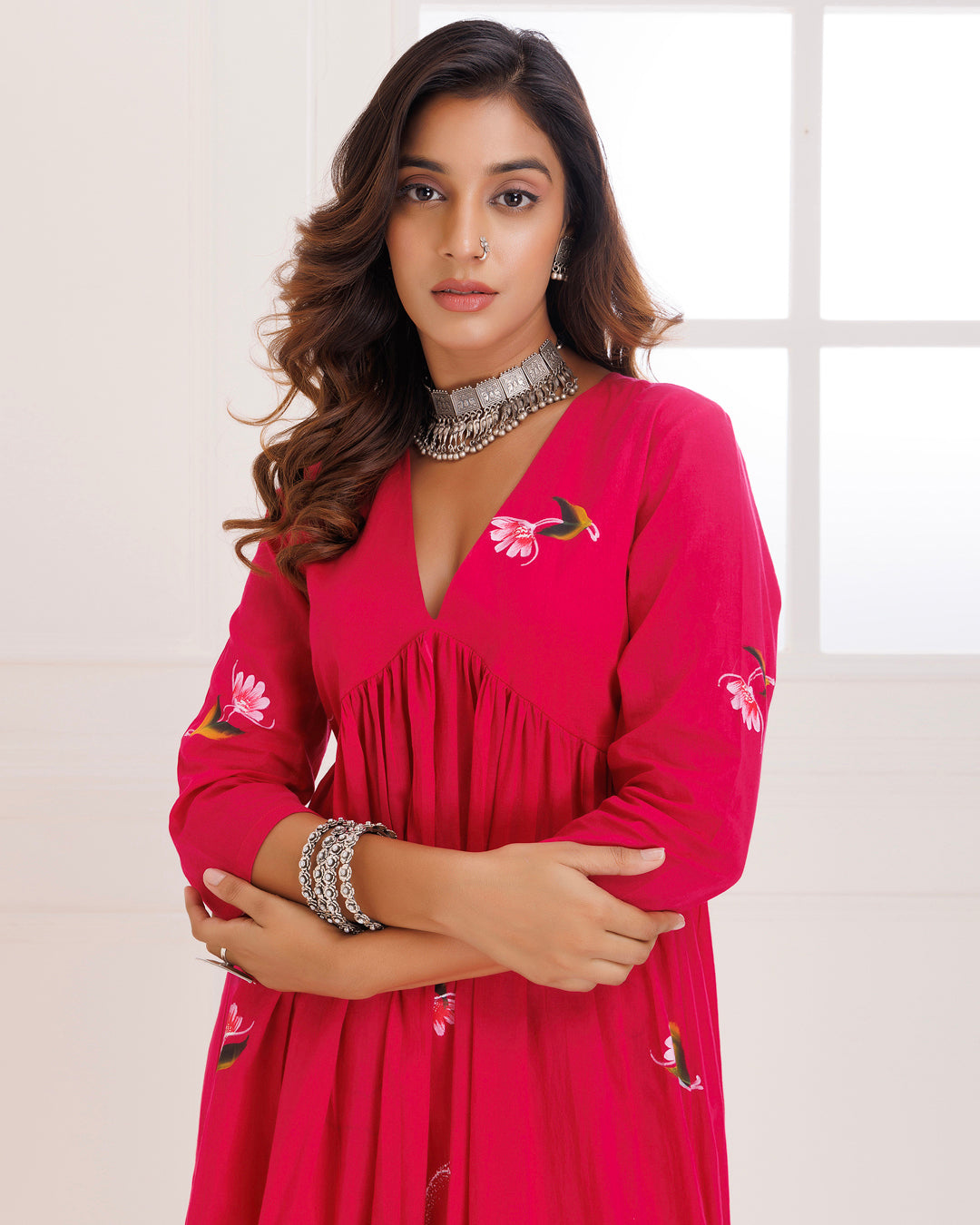 Rangreza Magenta HandPainted Gathered Suit Set
