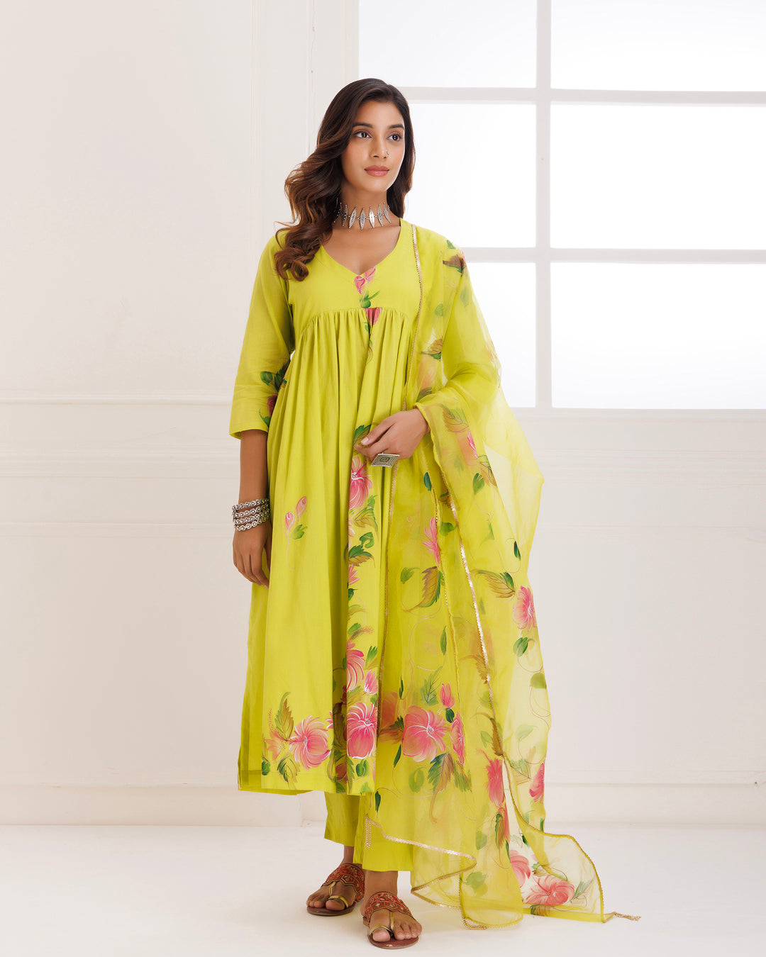 Rangreza Green HandPainted Gathered Suit Set