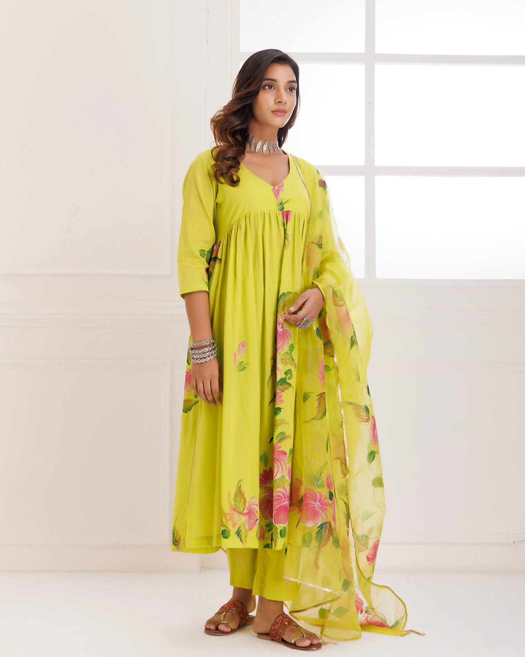 Rangreza Green HandPainted Gathered Suit Set