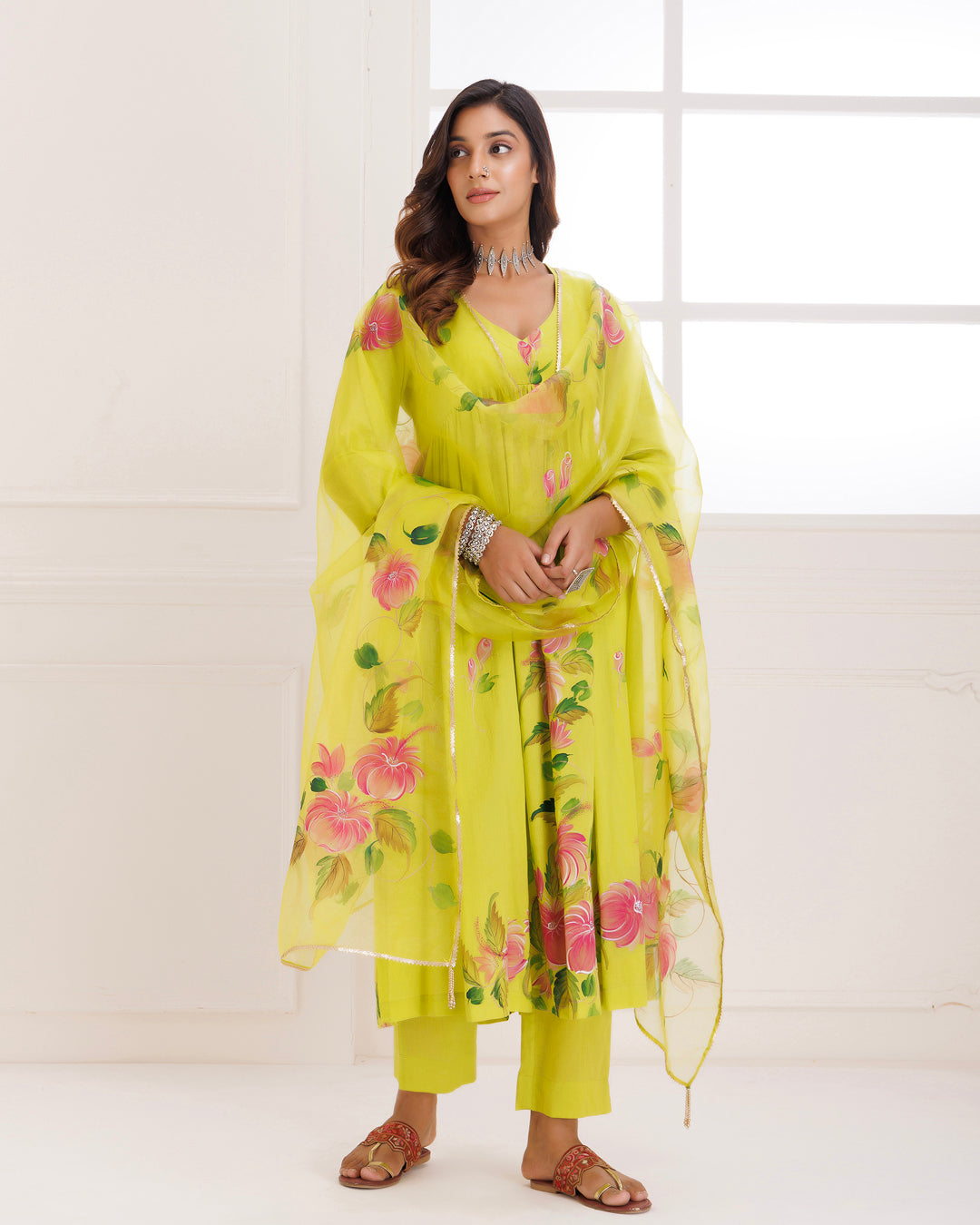 Rangreza Green HandPainted Gathered Suit Set
