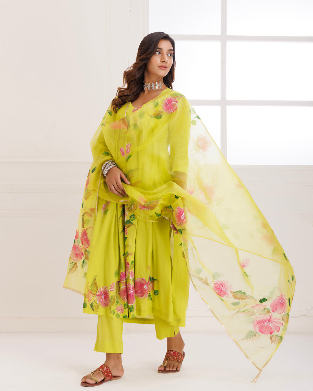 Rangreza Green HandPainted Gathered Suit Set