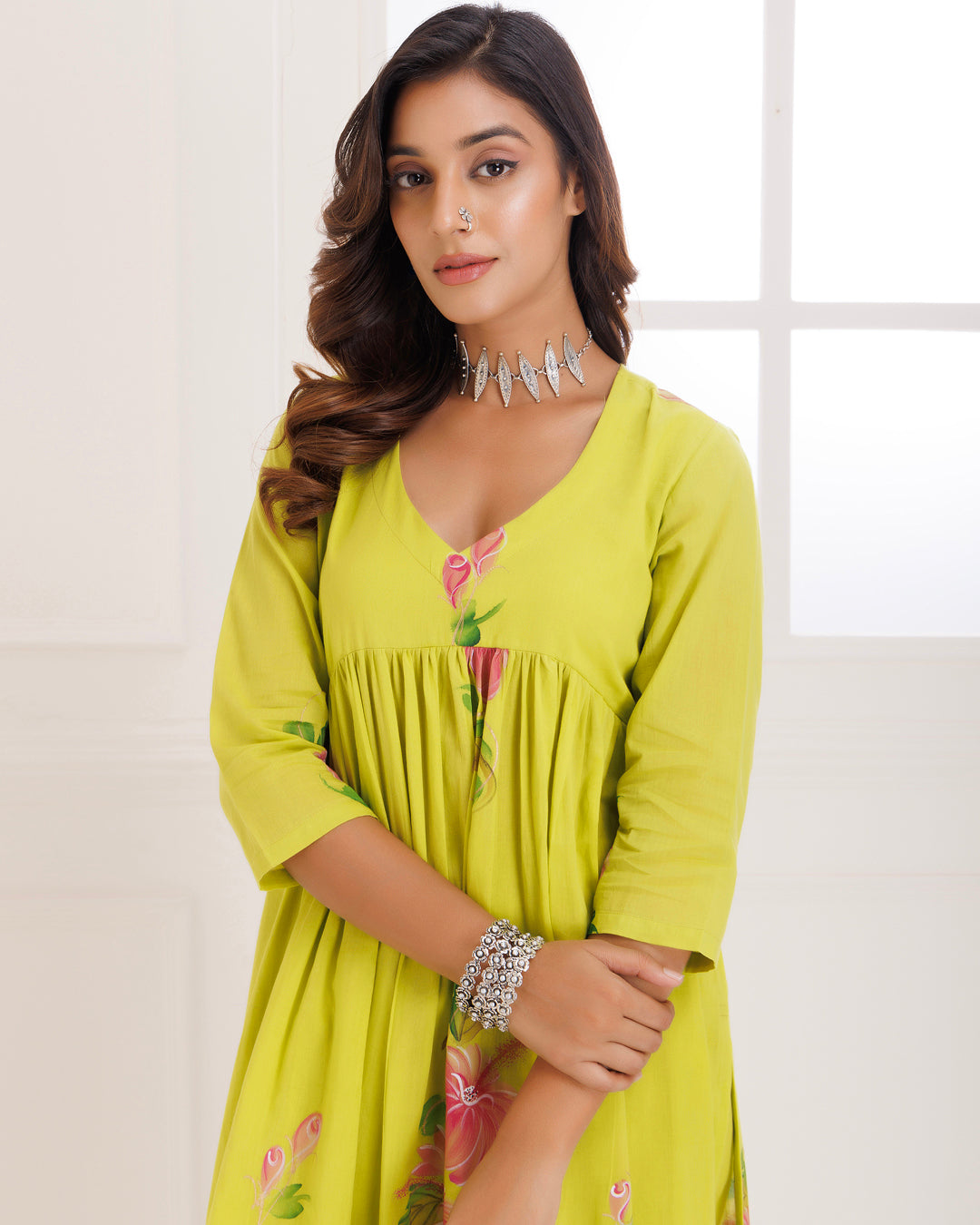Rangreza Green HandPainted Gathered Suit Set