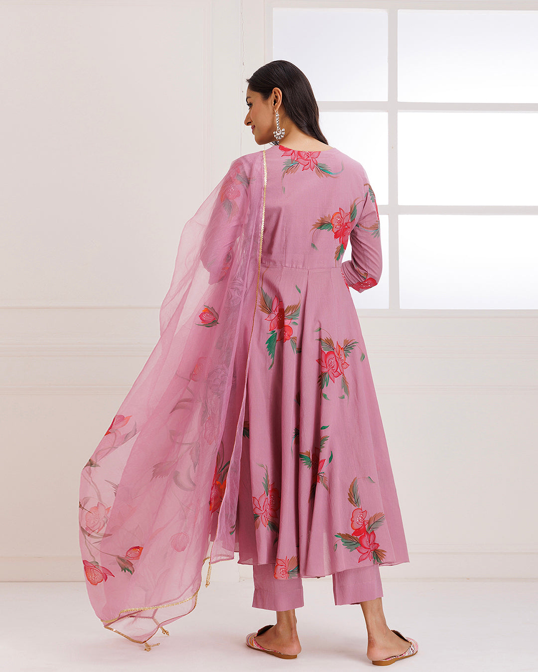 Rose Pink Hand Painted Mulmul Anarkali Suit