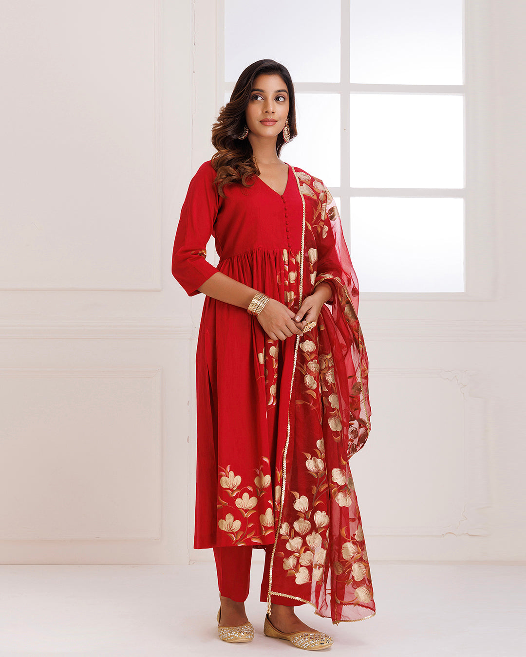 Rangreza Red HandPainted Gathered Suit Set