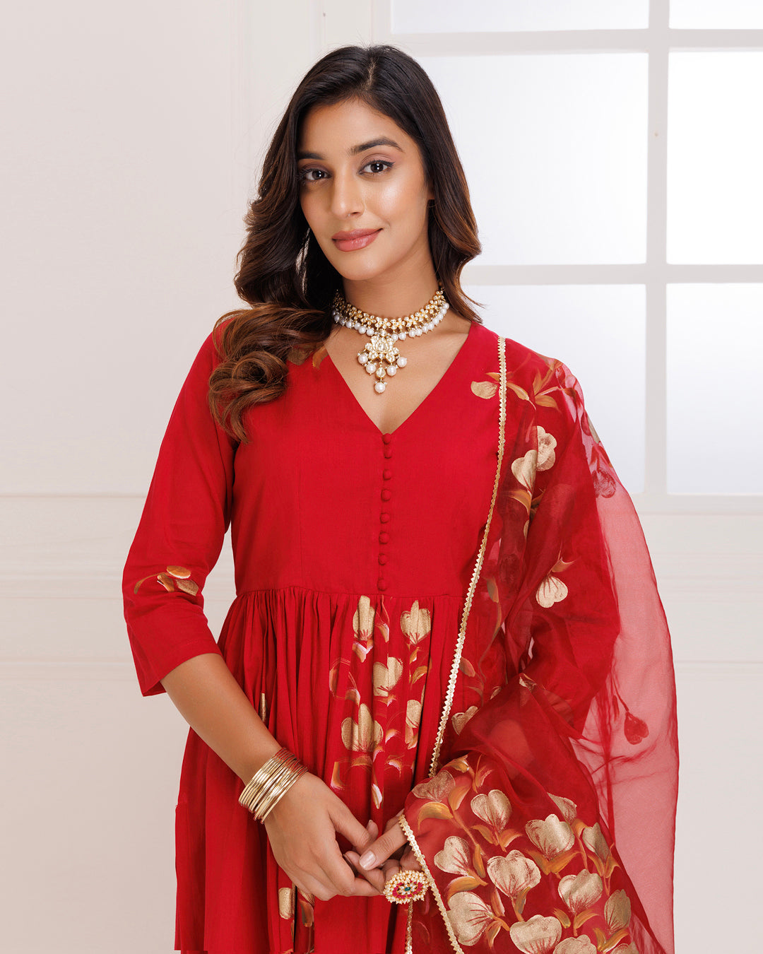 Rangreza Red HandPainted Gathered Suit Set