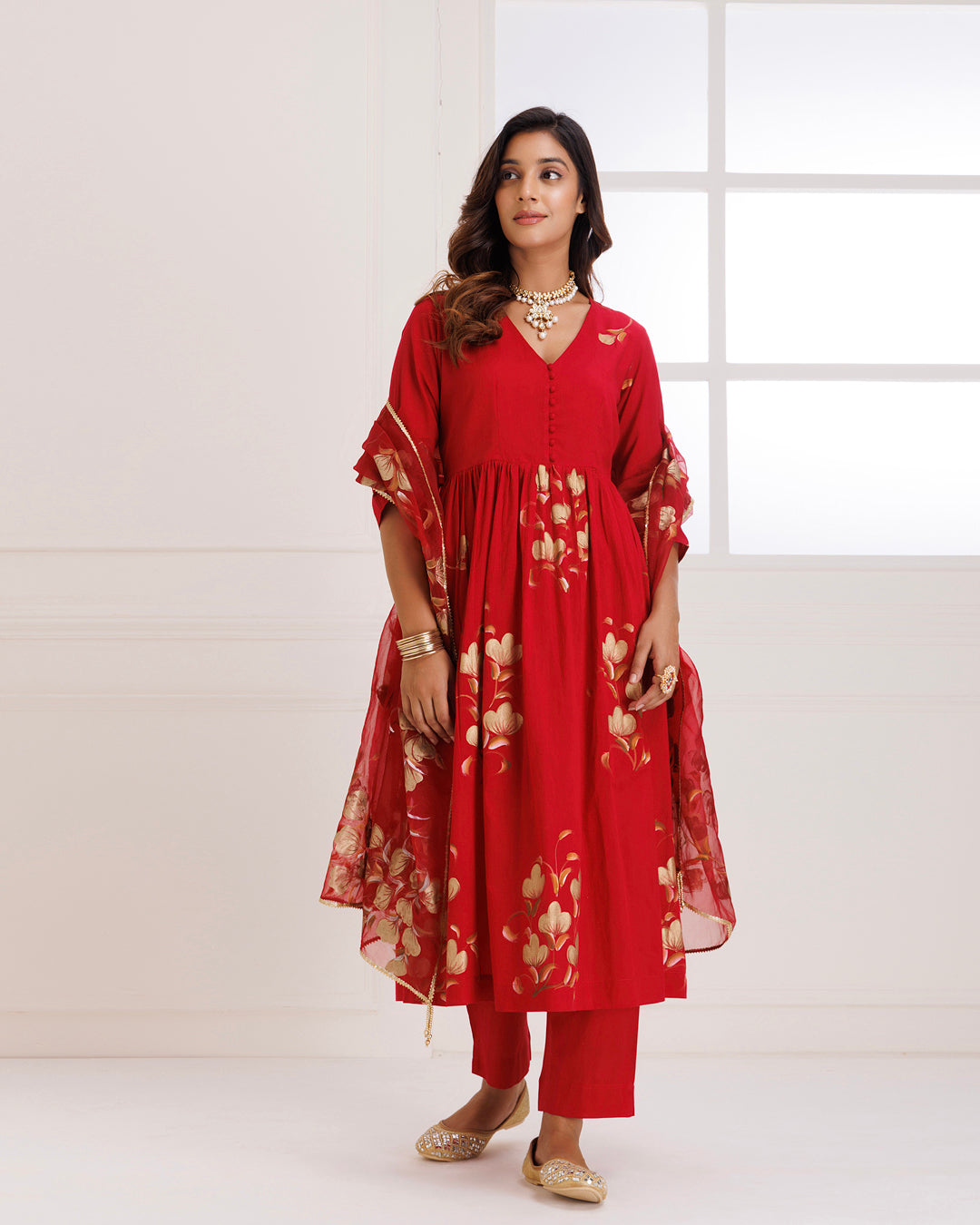 Rangreza Red HandPainted Gathered Suit Set