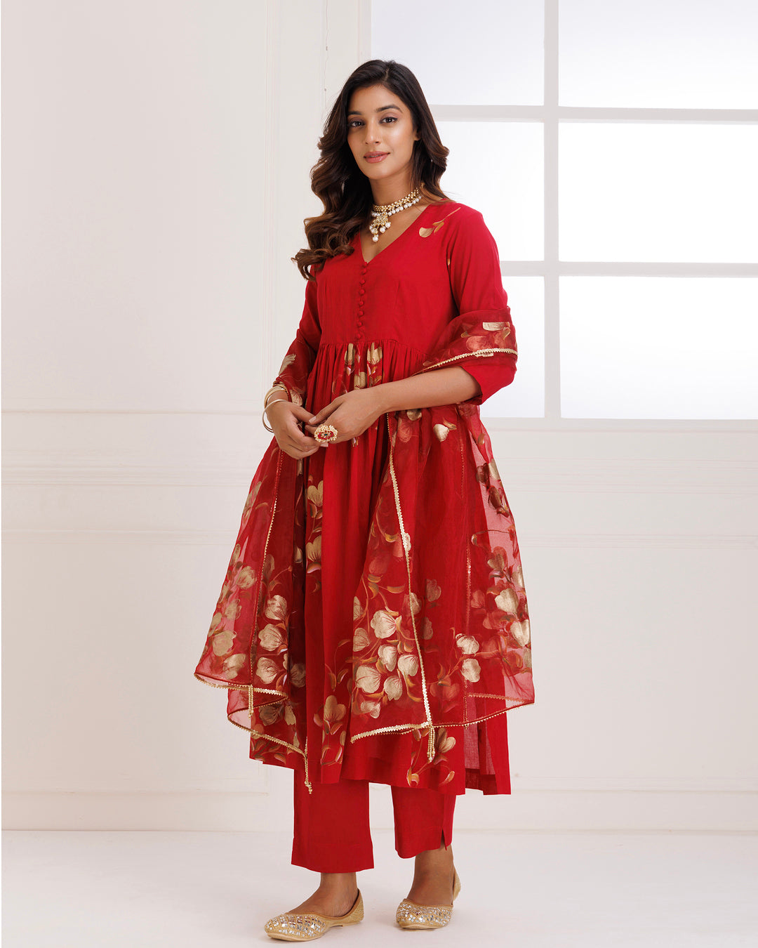 Rangreza Red HandPainted Gathered Suit Set