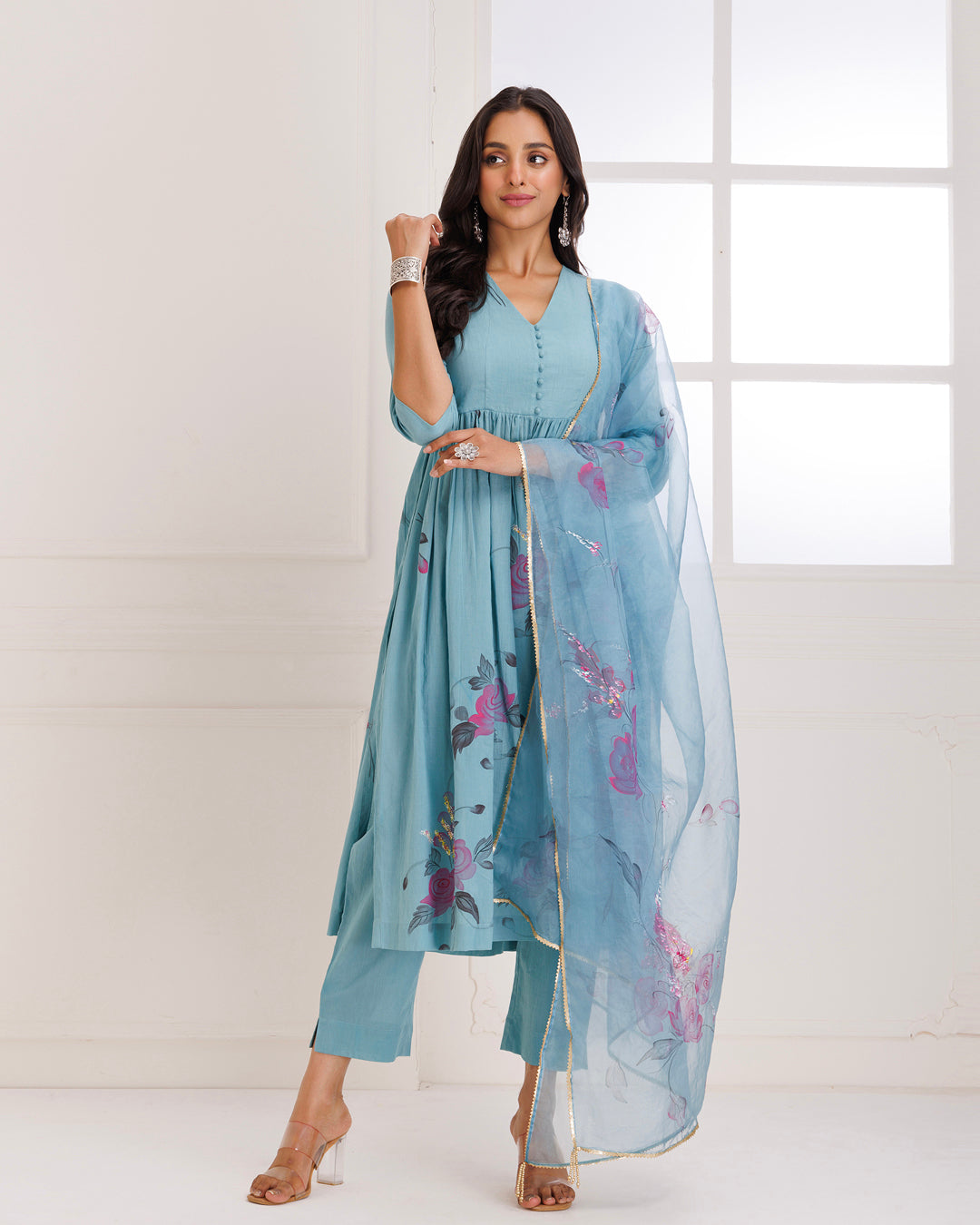 Rangreza Aqua HandPainted Gathered Suit Set