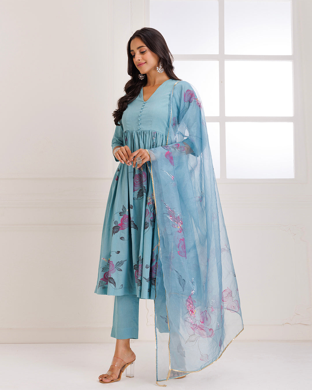 Rangreza Aqua HandPainted Gathered Suit Set