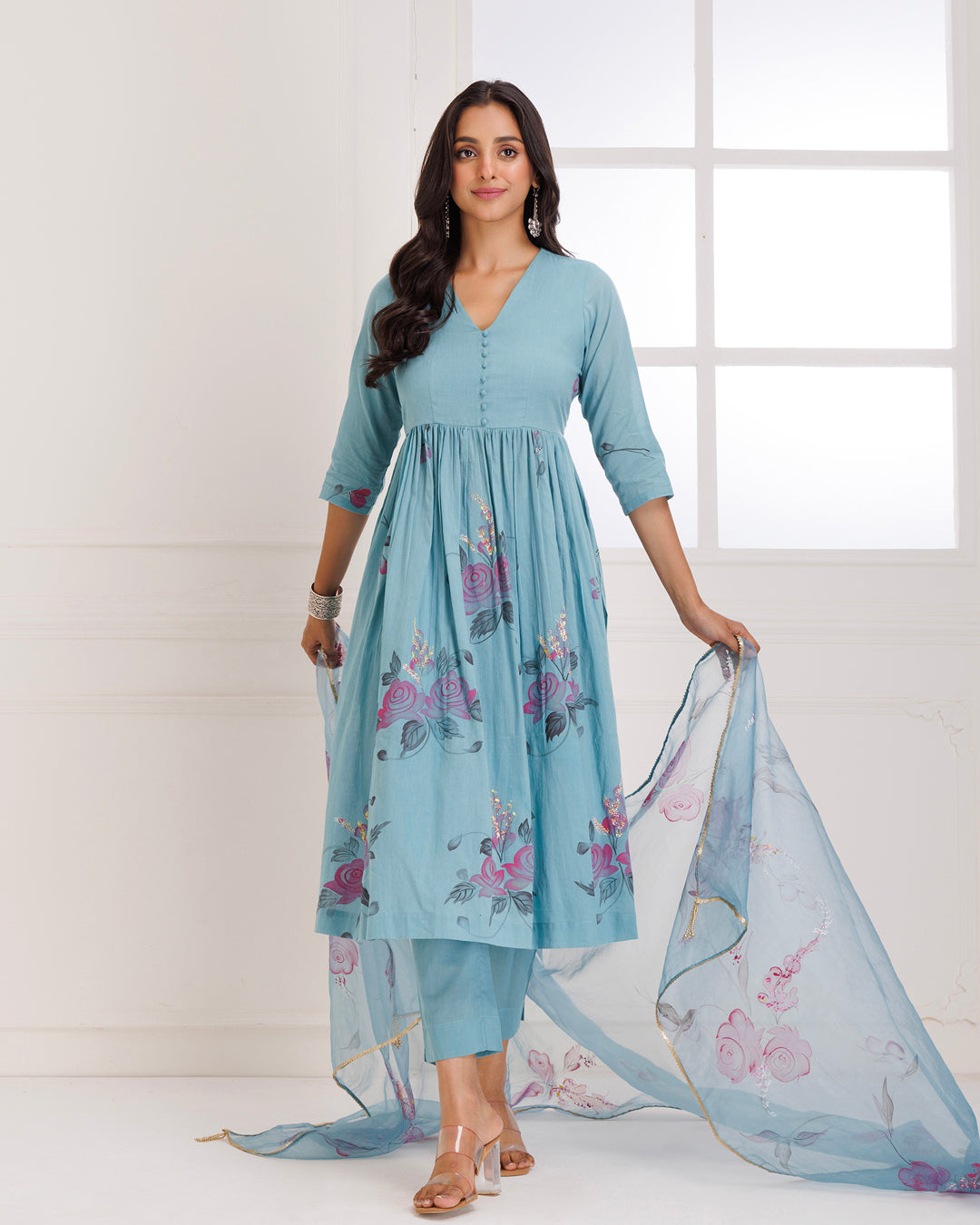 Rangreza Aqua HandPainted Gathered Suit Set