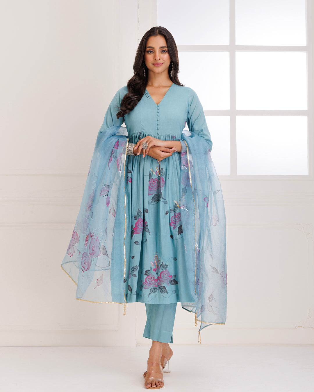 Rangreza Aqua HandPainted Gathered Suit Set