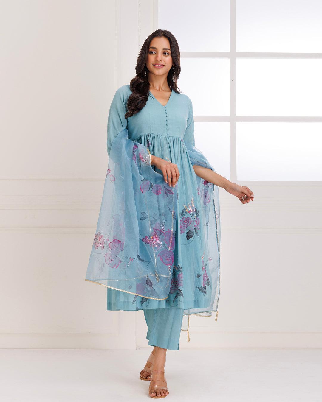 Rangreza Aqua HandPainted Gathered Suit Set