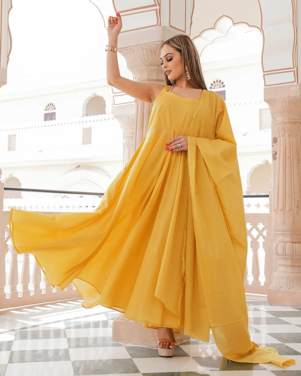 Solid Mustard Mulmul Anarkali Suit