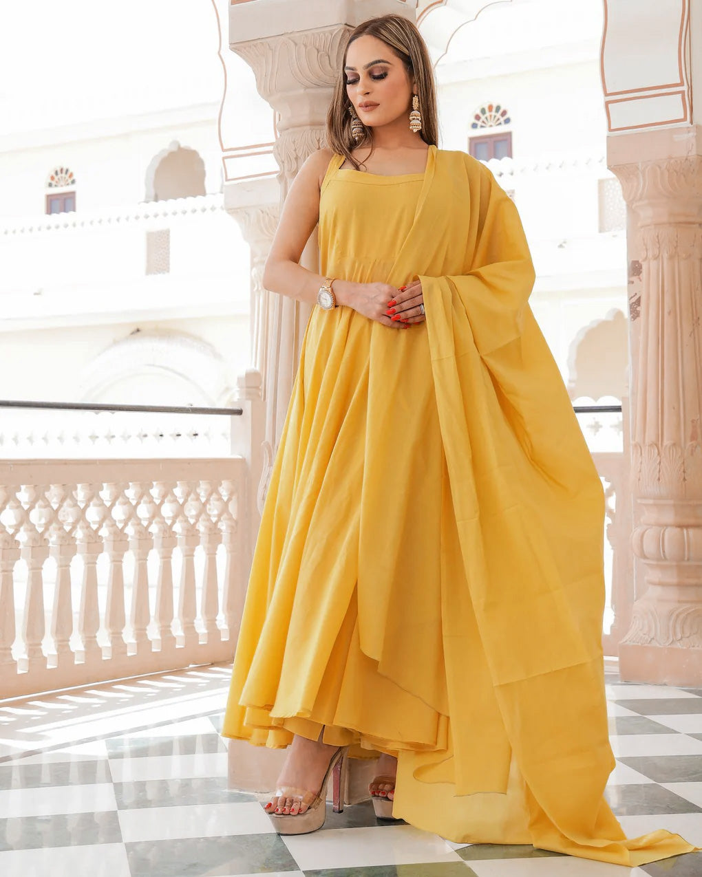 Solid Mustard Mulmul Anarkali Suit