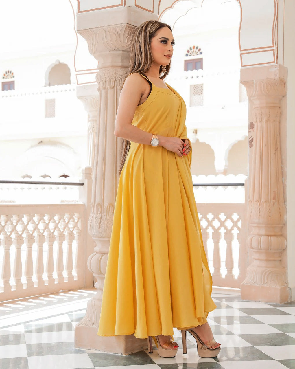 Solid Mustard Mulmul Anarkali Suit
