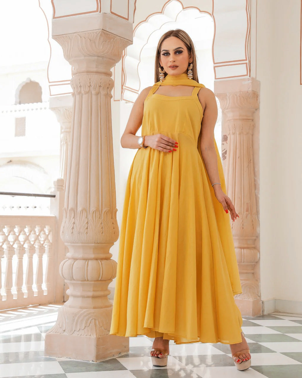 Solid Mustard Mulmul Anarkali Suit