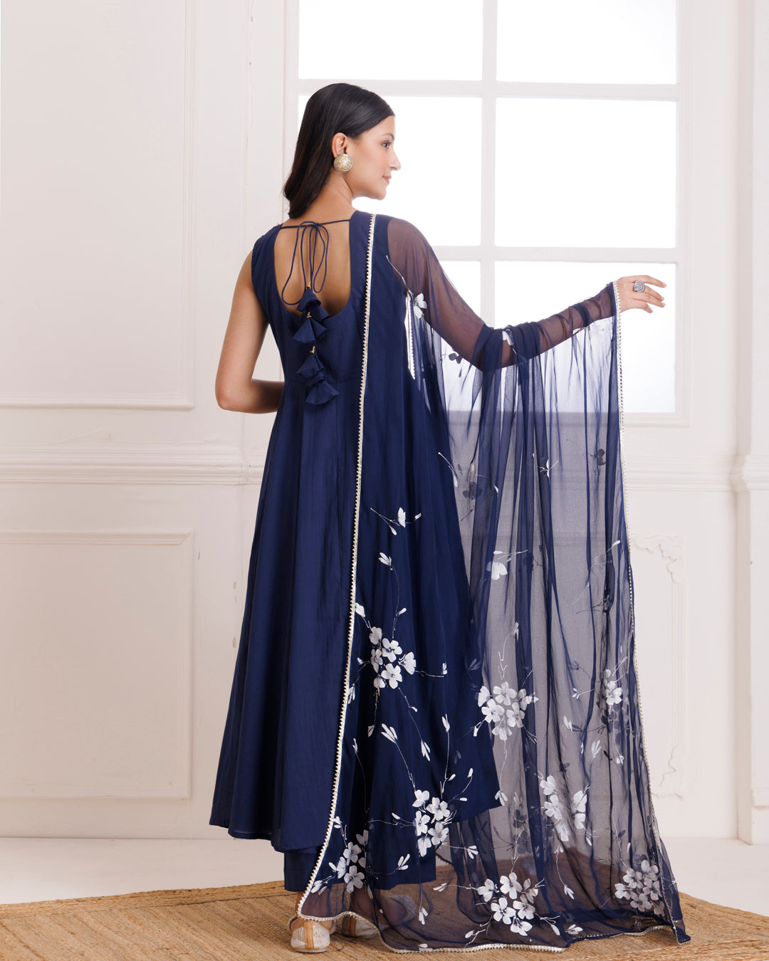 Navy Blue Mulmul Hand Painted Anarkali Suit