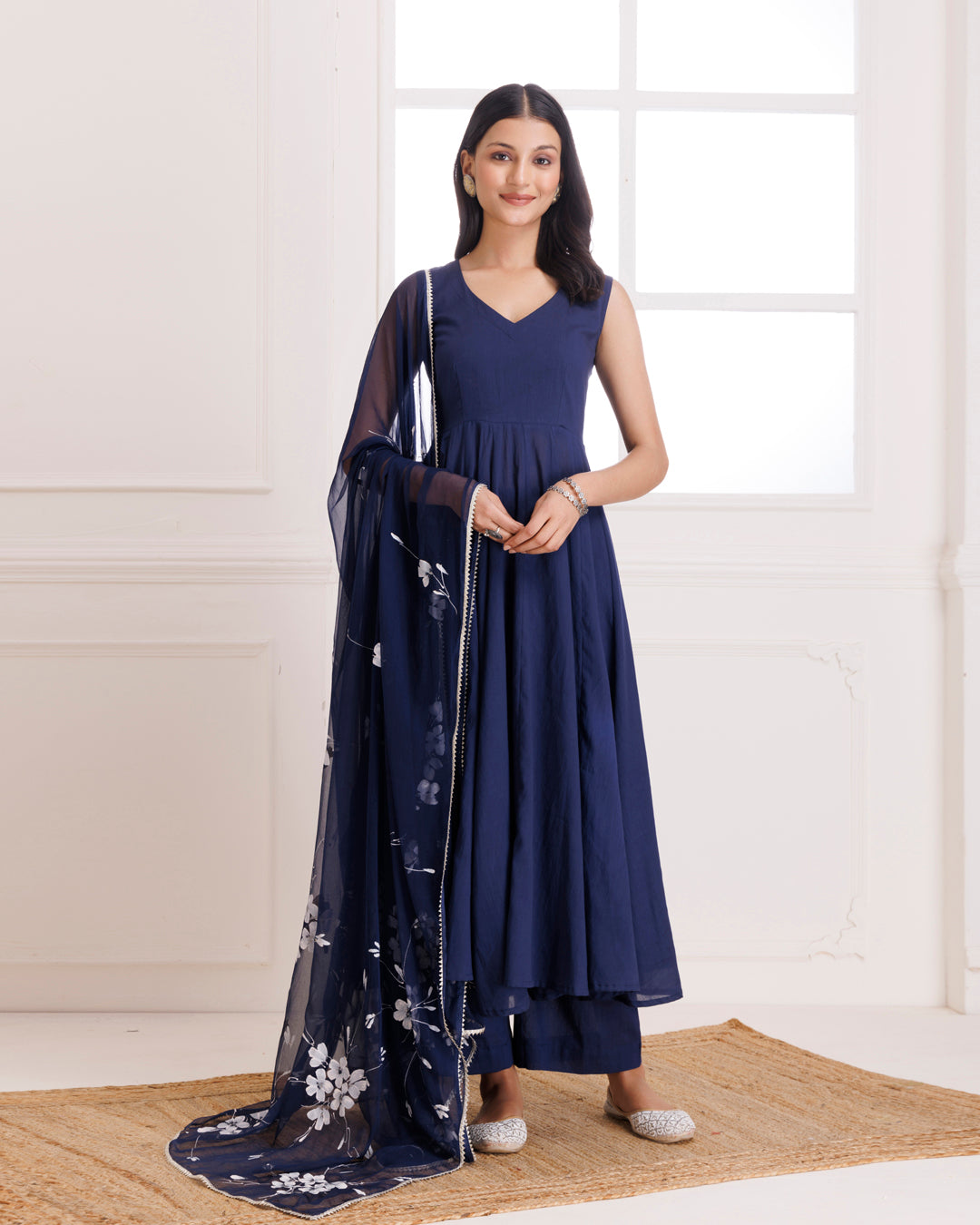 Navy Blue Mulmul Hand Painted Anarkali Suit