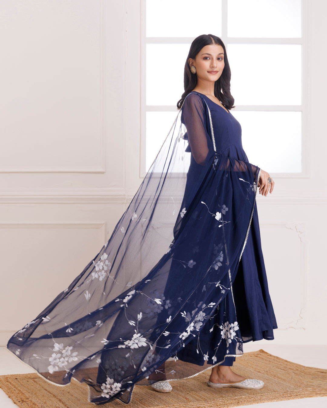 Navy Blue Mulmul Hand Painted Anarkali Suit