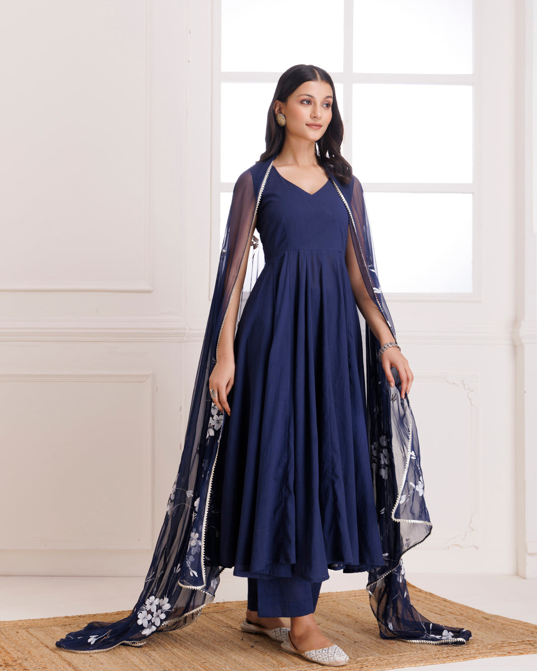 Navy Blue Mulmul Hand Painted Anarkali Suit
