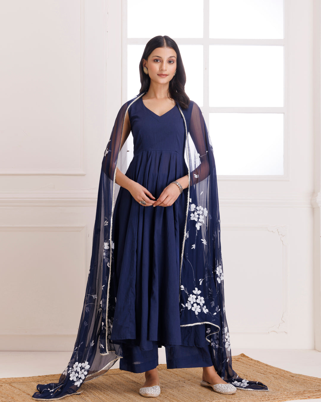 Navy Blue Mulmul Hand Painted Anarkali Suit
