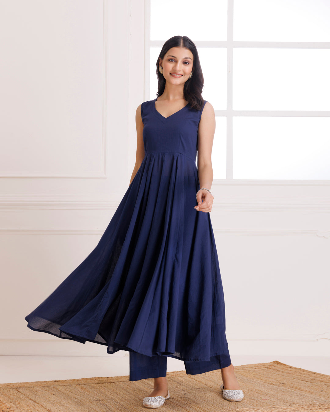 Navy Blue Mulmul Hand Painted Anarkali Suit