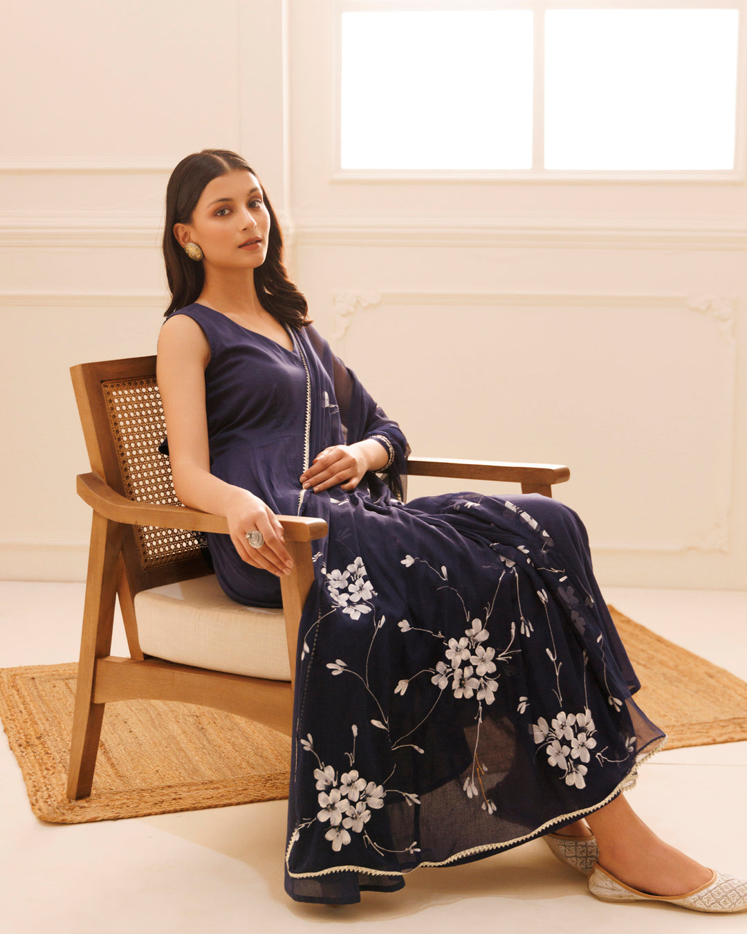 Navy Blue Mulmul Hand Painted Anarkali Suit
