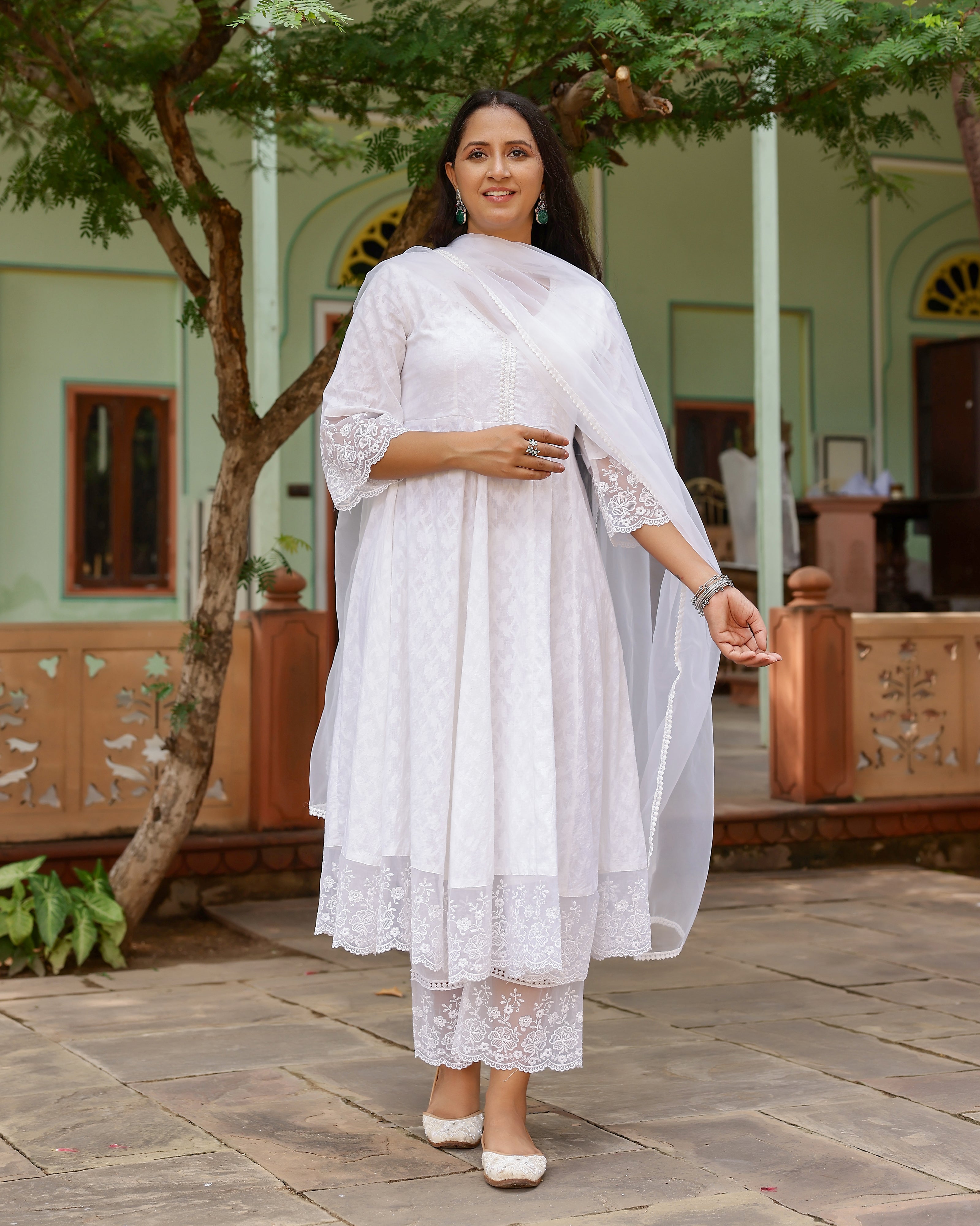 White Lace Dobby Cotton Anarkali Suit