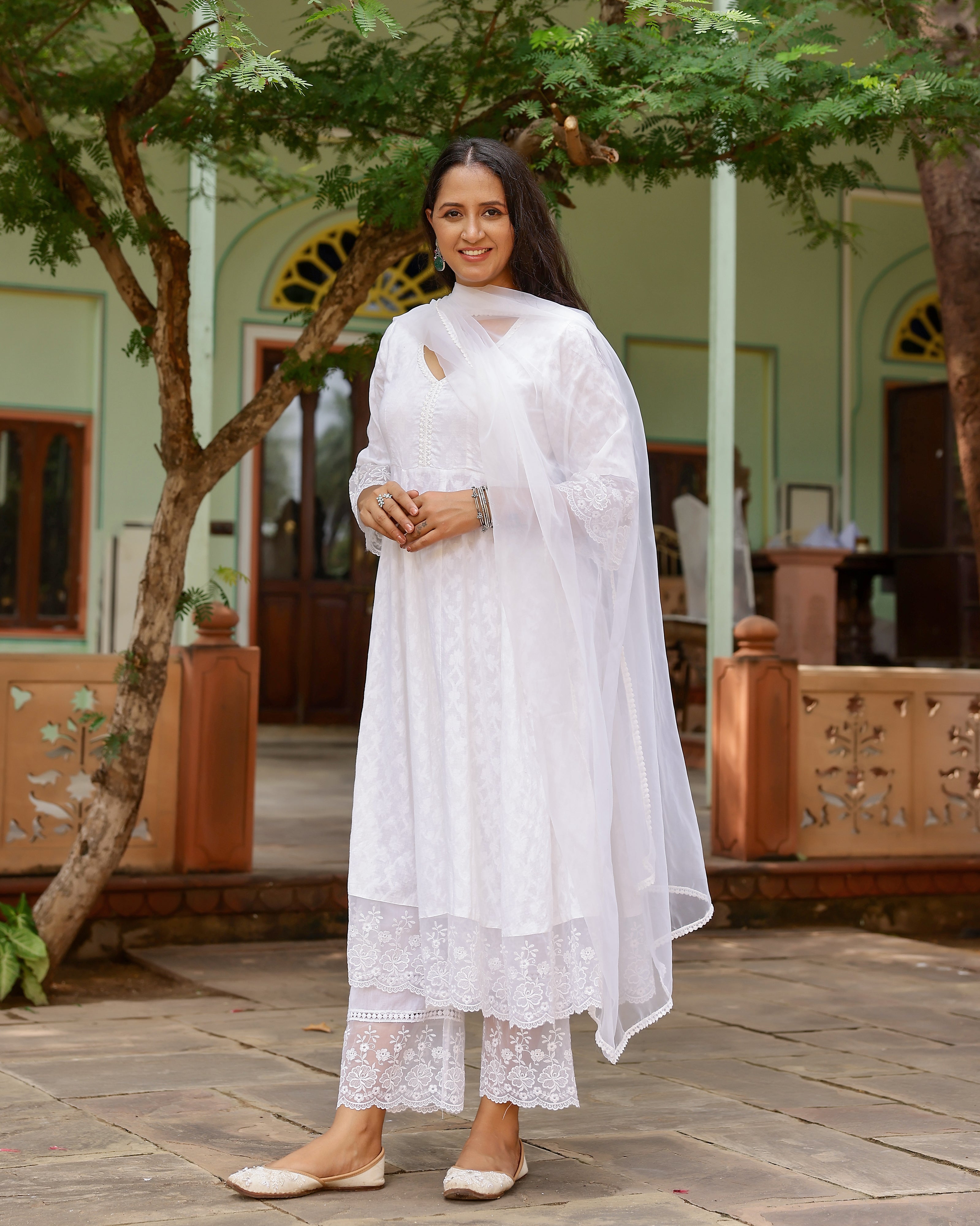White Lace Dobby Cotton Anarkali Suit